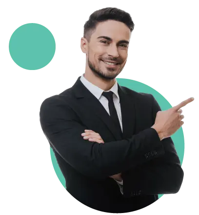 Confident businessman in a black suit with arms crossed, smiling and pointing to the side, isolated on a transparent background, suggesting direction or presentation of a new idea or project