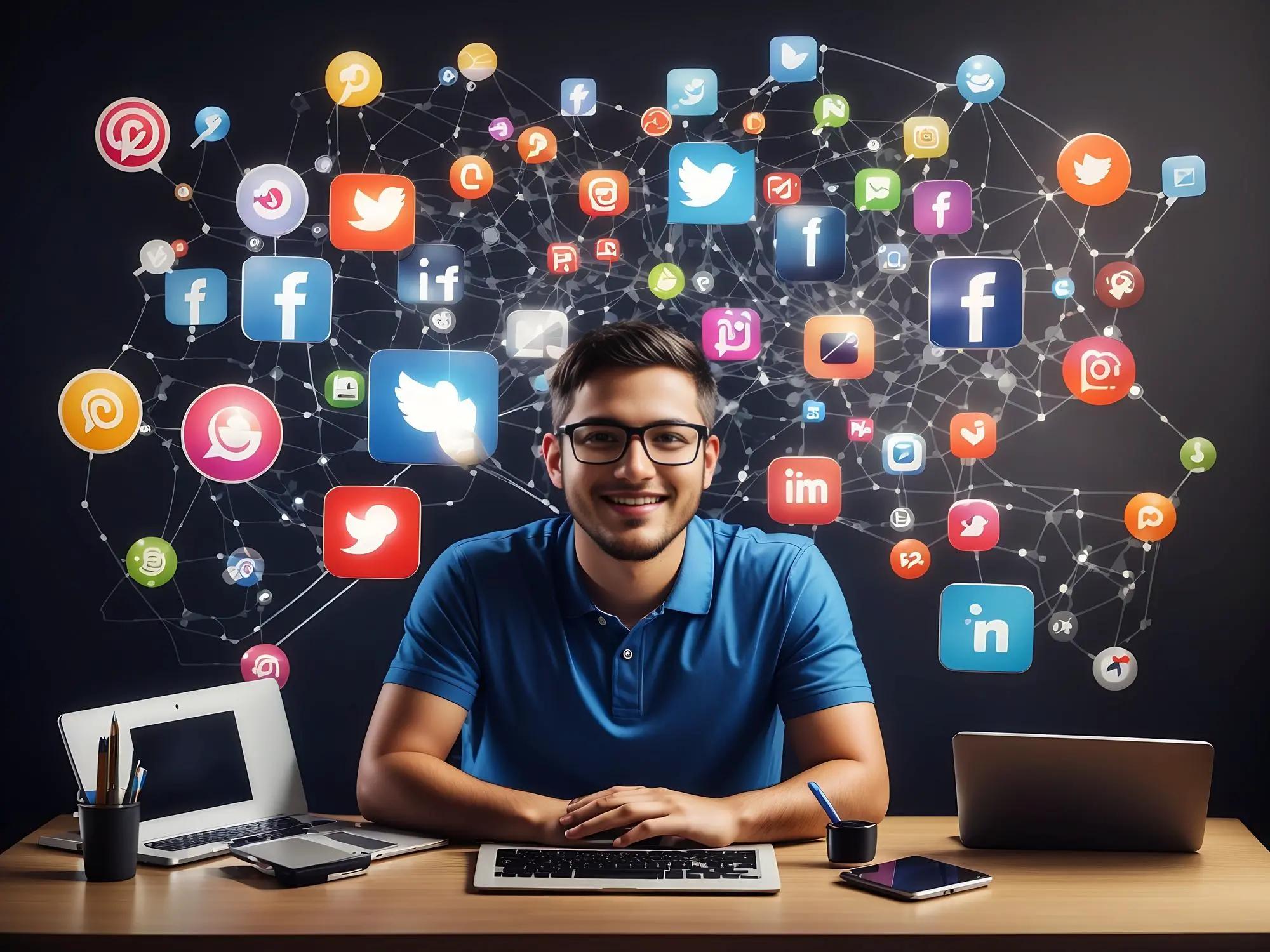 Smiling young man with glasses seated at a desk surrounded by a dynamic array of floating social media icons, indicating his connection to digital marketing and social media management