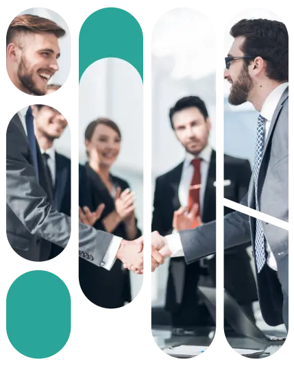 Professional team members exchanging handshakes and smiles in a modern office environment.