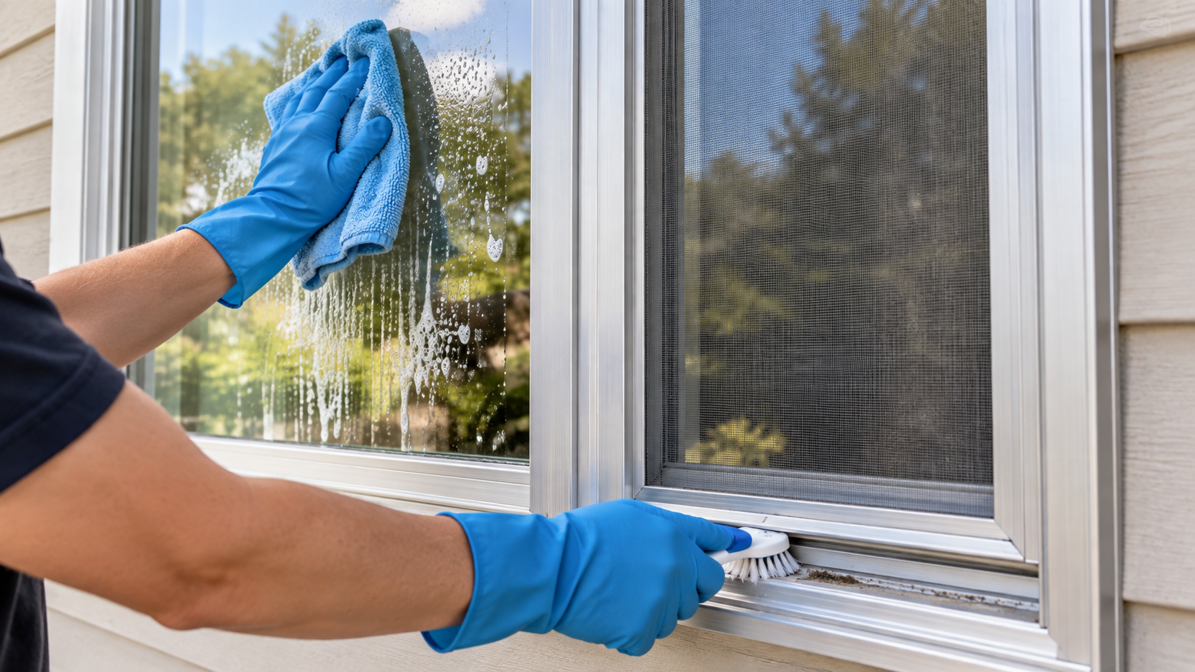 Homeowner cleaning storm window glass, screen, aluminum frame, and tracks
