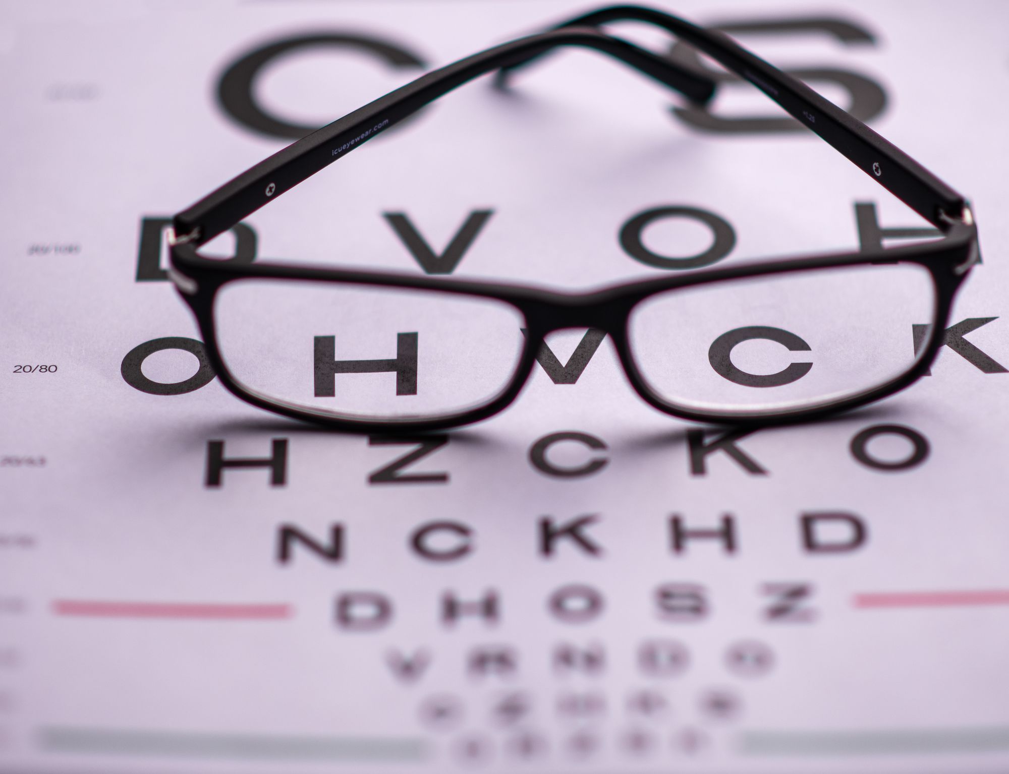 Eyeglasses resting on an eye test chart