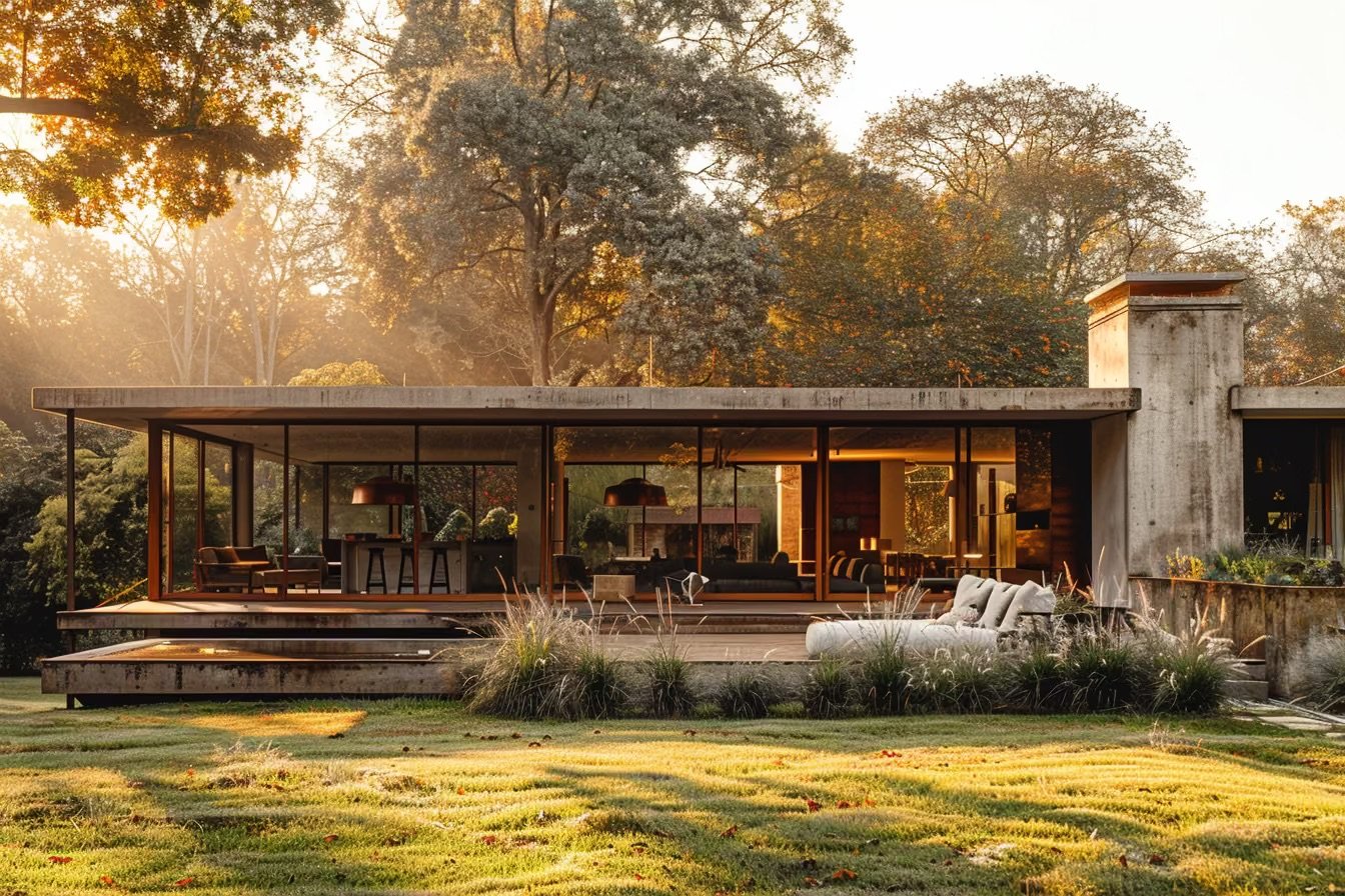 A house and garden in warm evening light