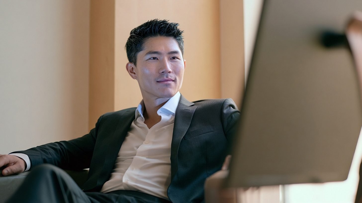A man in a suit seated across from a woman.