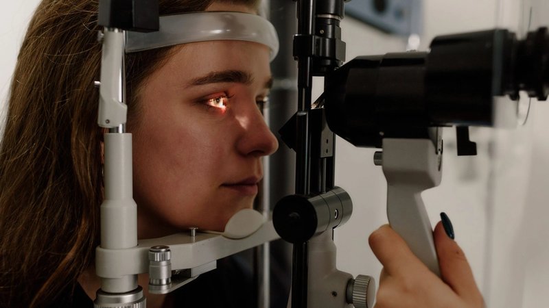 Woman undergoing an eye examination with a slit lamp