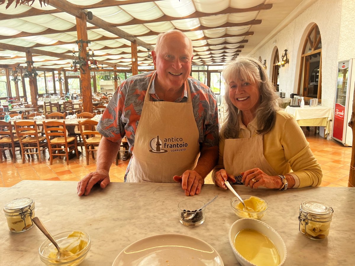 Chuck and Patty during a cooking class on their 50th anniversary trip to Italy