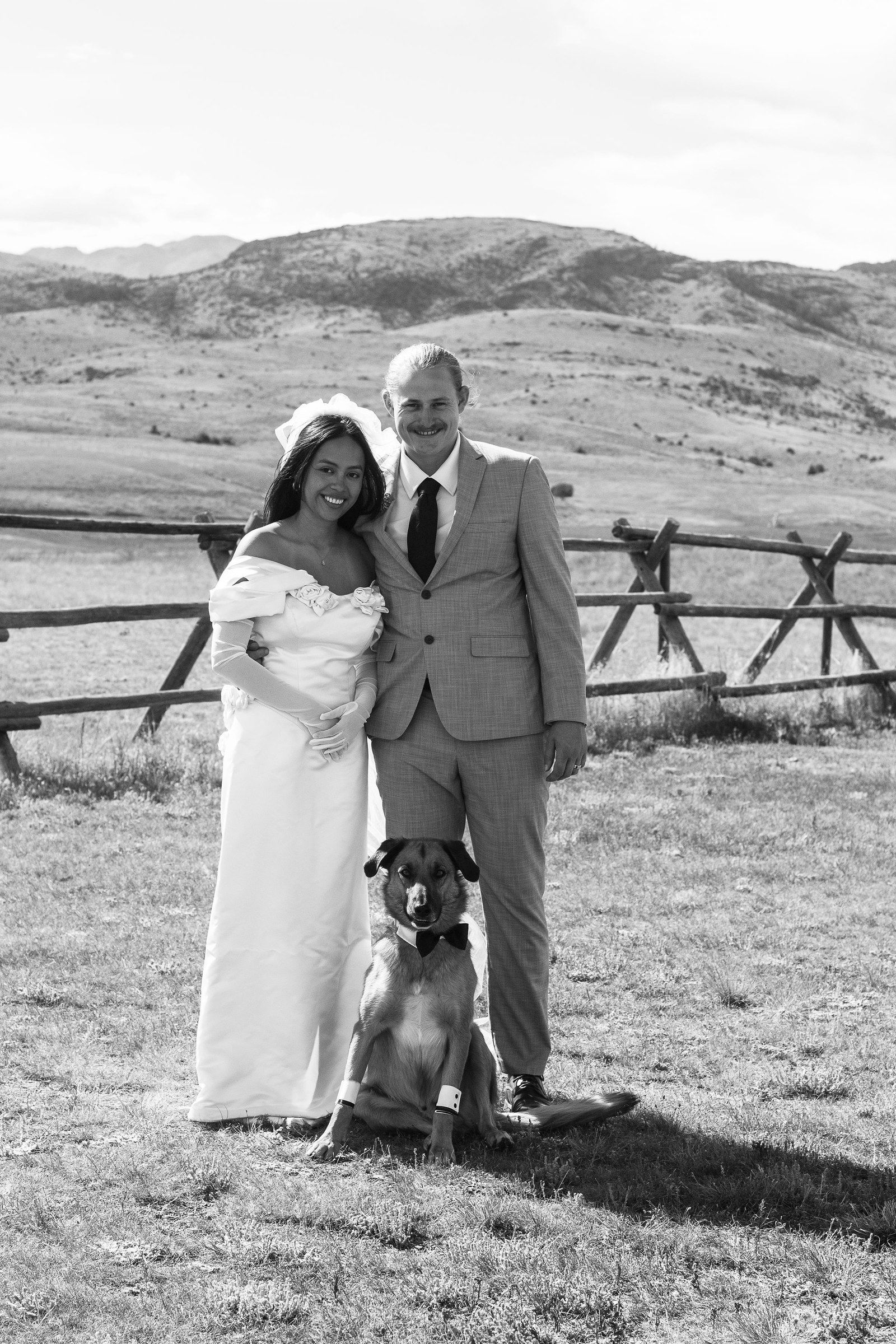 Newlyweds at the jackleg fence with a dog in a bow tie sitting at their feet