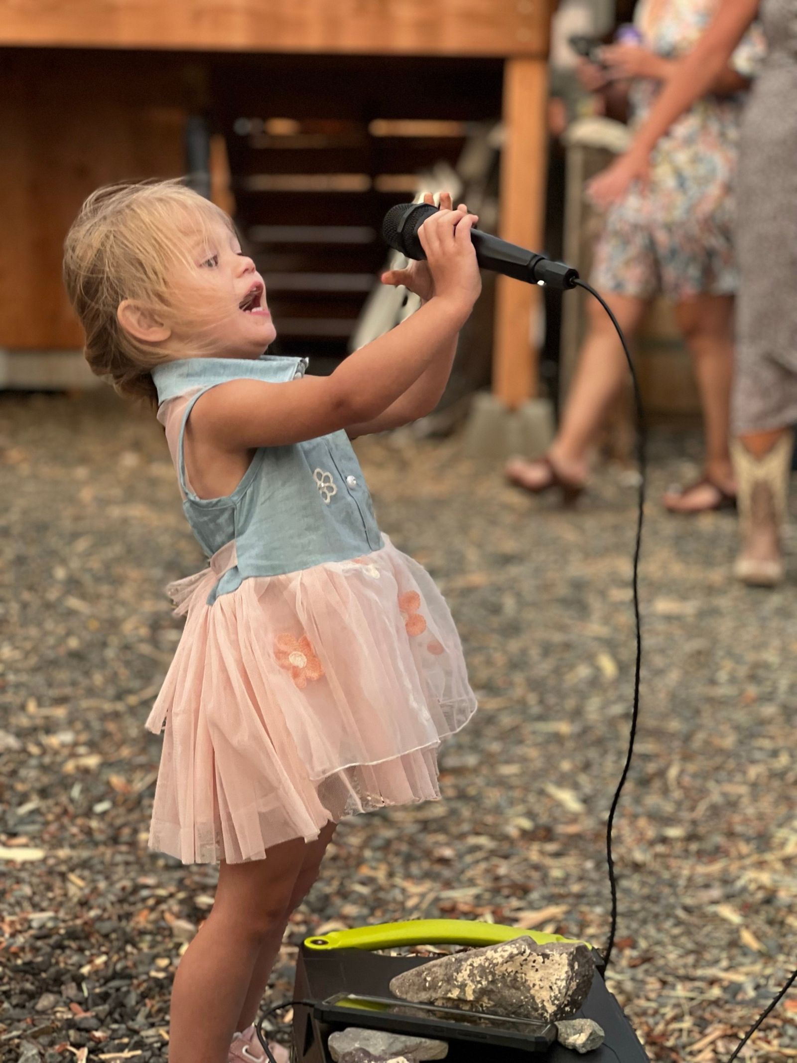 A little guest in a tulle skirt singing her heart out into the microphone