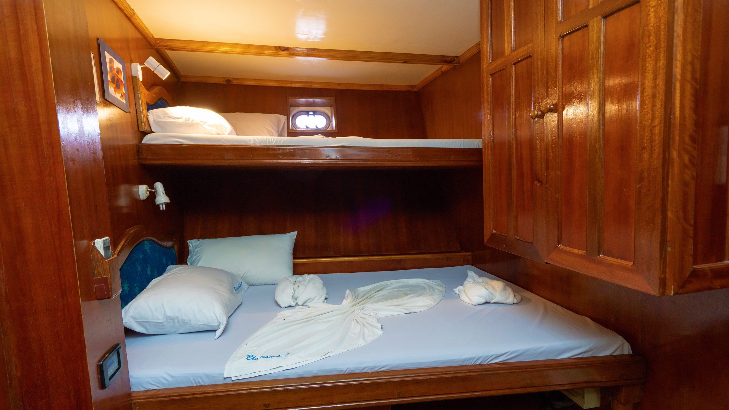 Cabina de Blue Shark 1 con cama doble y cama individual superior
