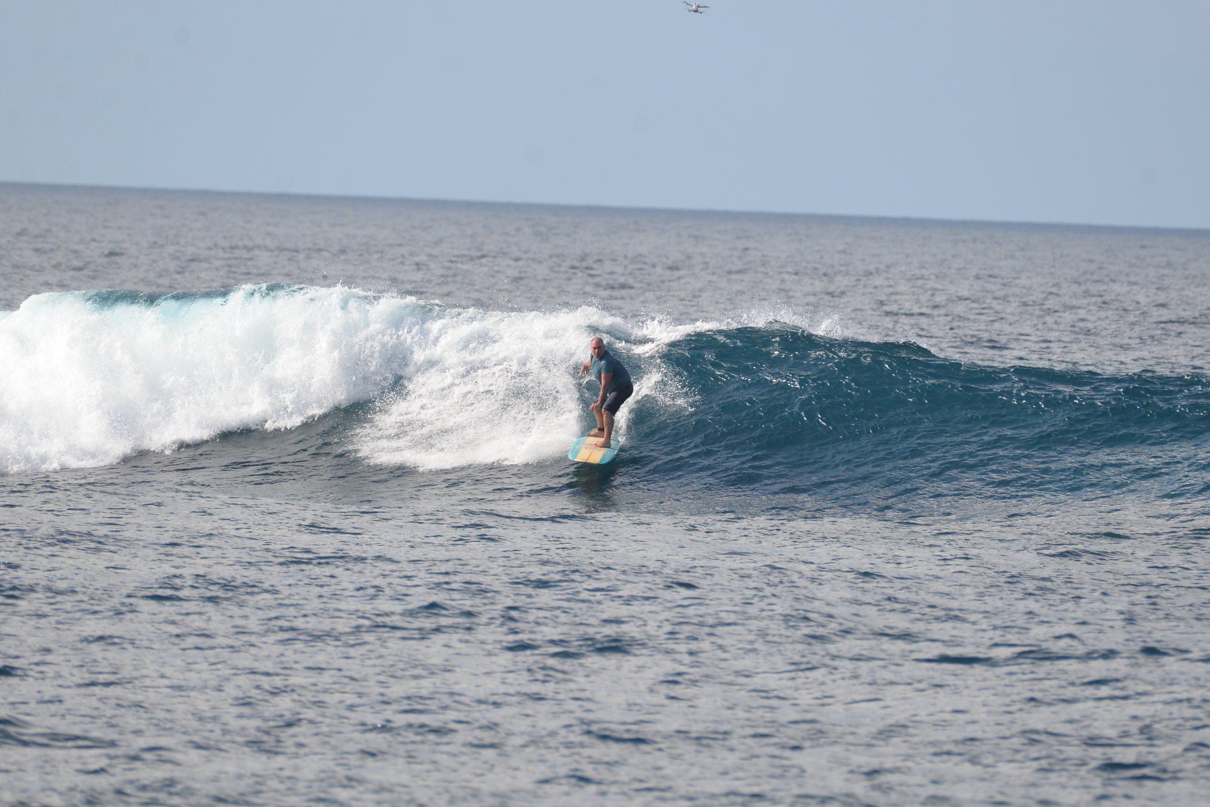 Surfista bajando una ola en Maldivas