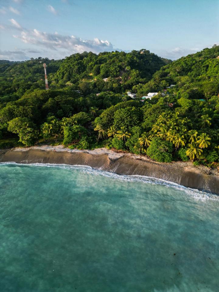 Vista aérea de una costa de Costa Rica con selva tropical, palmeras y una playa de agua turquesa