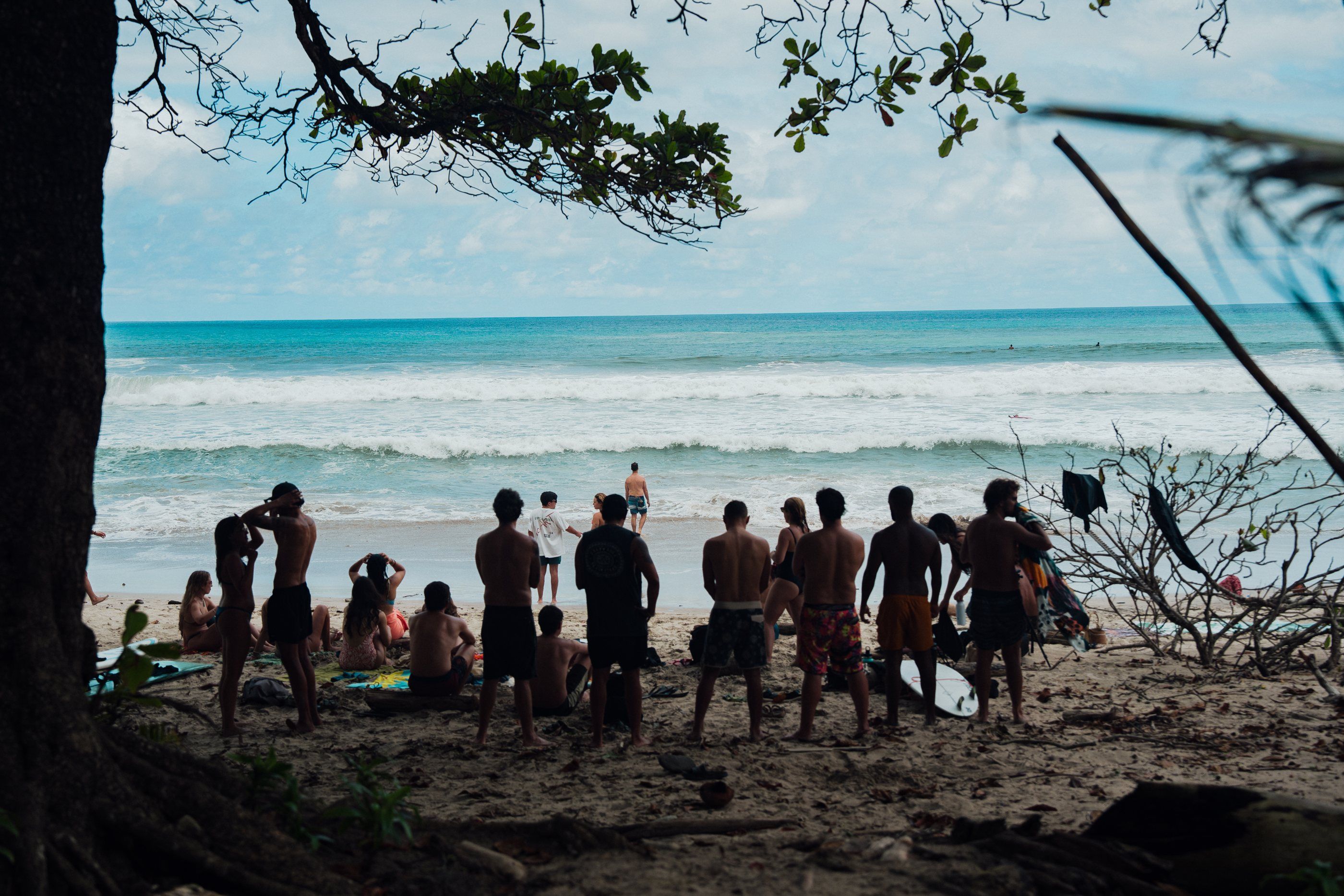 Grupo de viajeros de Mango mirando el mar desde la playa, entre árboles