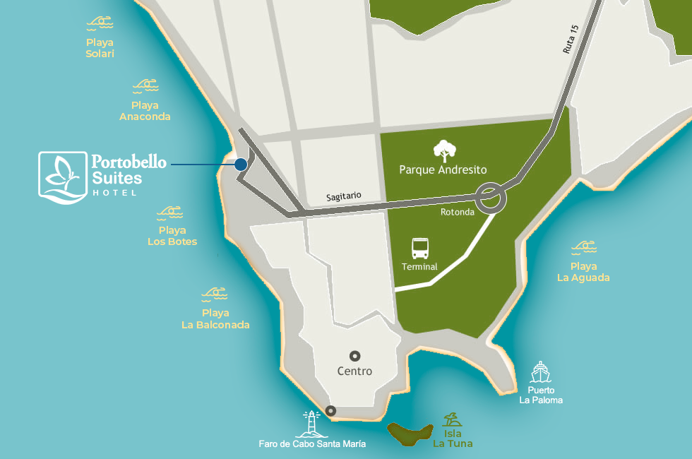 Mapa de La Paloma con Portobello Suites sobre Playa Los Botes, entre Playa Anaconda y La Balconada