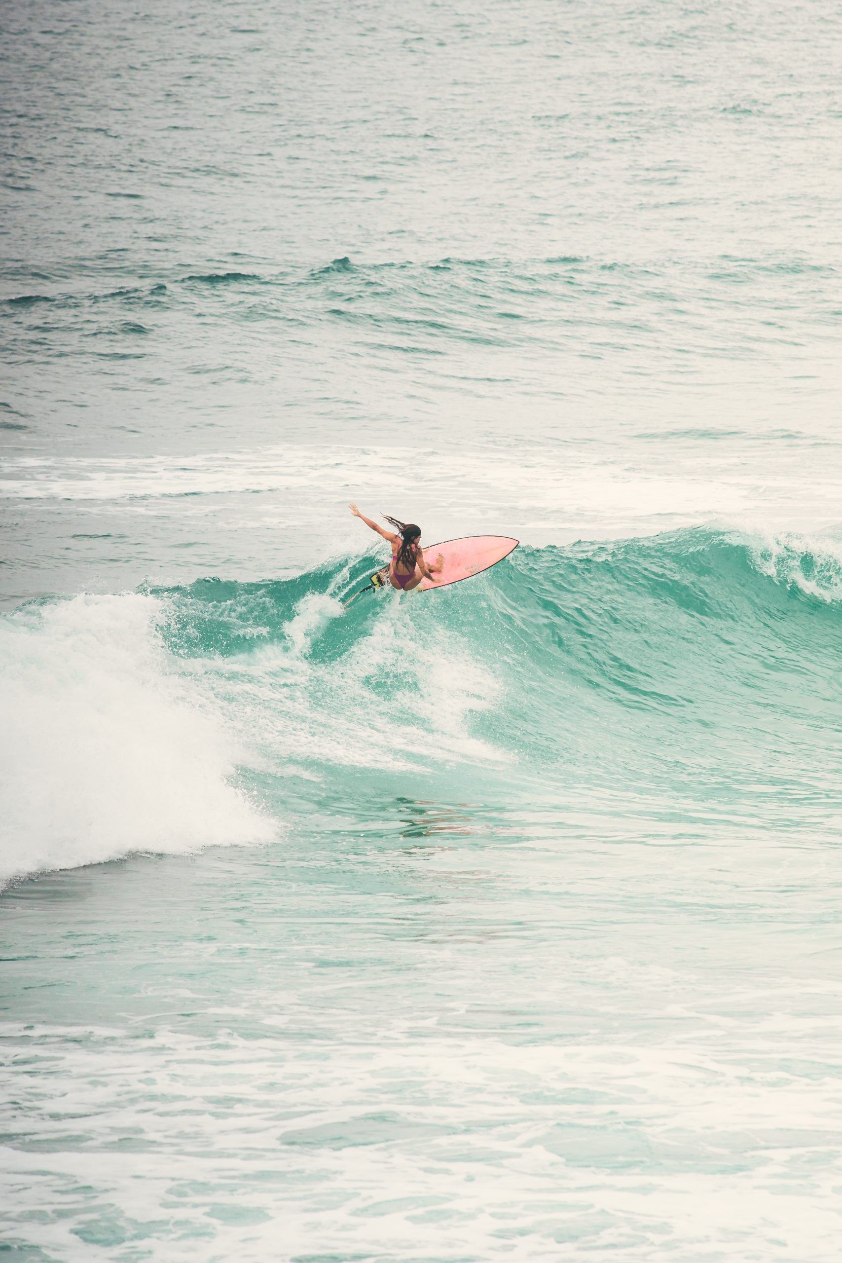Surfista con tabla rosa en una ola de Santa Catarina