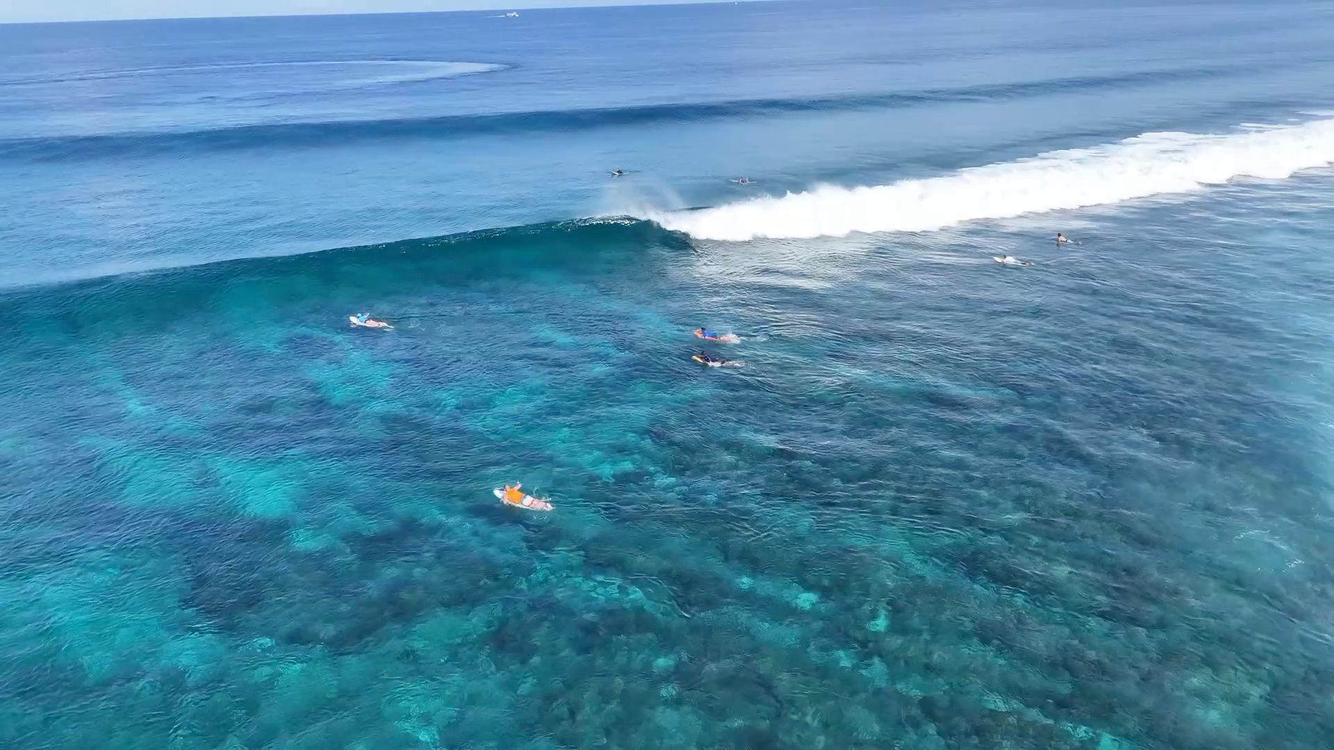 Ola larga rompiendo sobre el arrecife en Maldivas, vista desde el aire