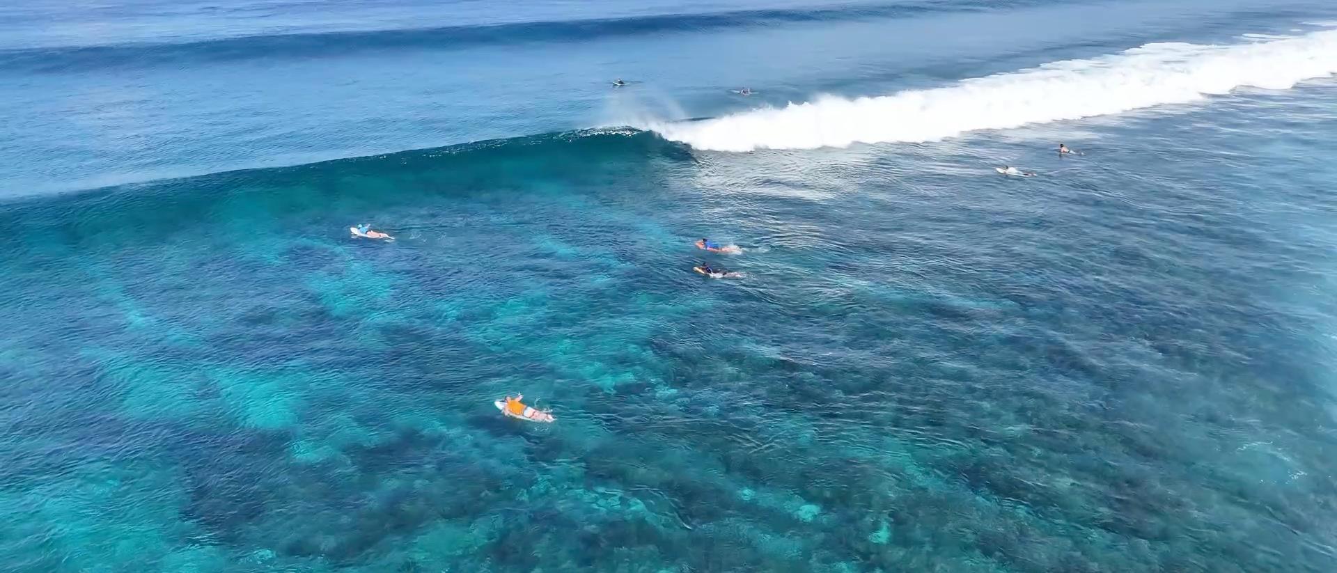 Ola larga rompiendo sobre el arrecife en Maldivas, vista desde el aire