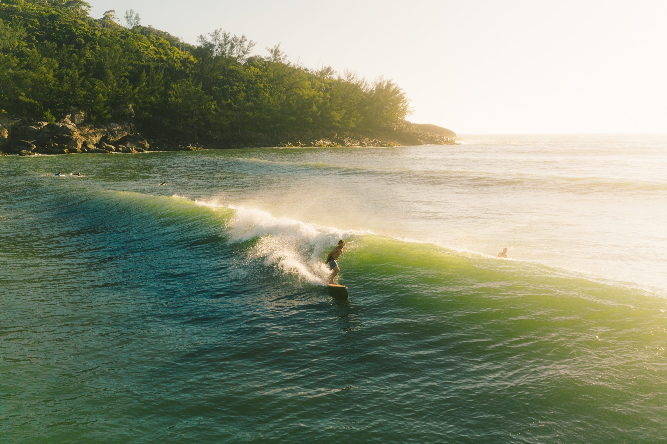 Surfista en una ola al amanecer en Ferrugem, Santa Catarina