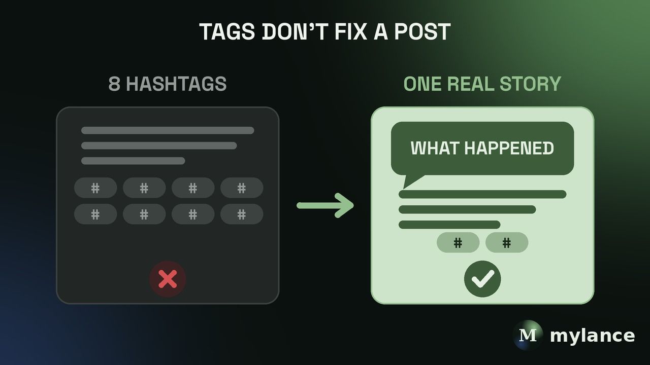 Eight hashtags versus one real story: a post covered in hashtags fails, while a post built on what actually happened with a couple of tags works.