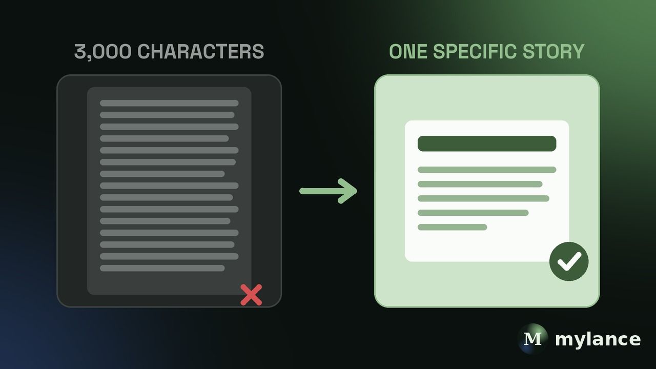 Before vs after: a padded post that maxes out 3,000 characters versus a shorter post built around one specific story with a strong hook.