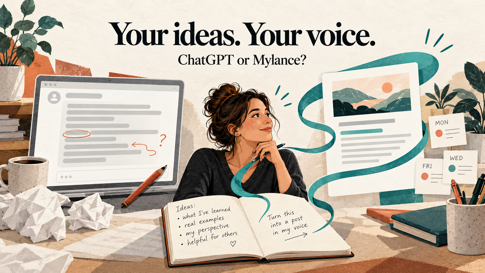 Illustration of a business owner turning notes into a post, with the headline Your ideas. Your voice. ChatGPT or Mylance?
