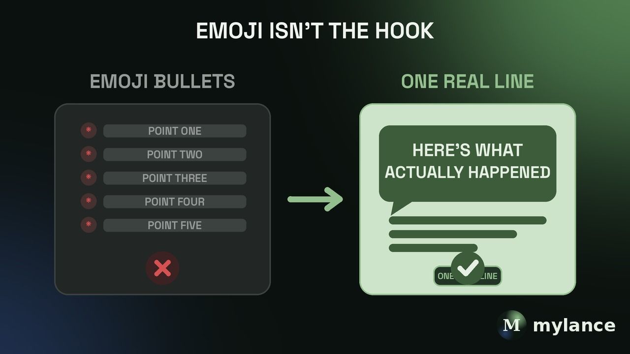 Emoji isn't the hook: a cluttered emoji-bullet list fails, while one real line of substance works.