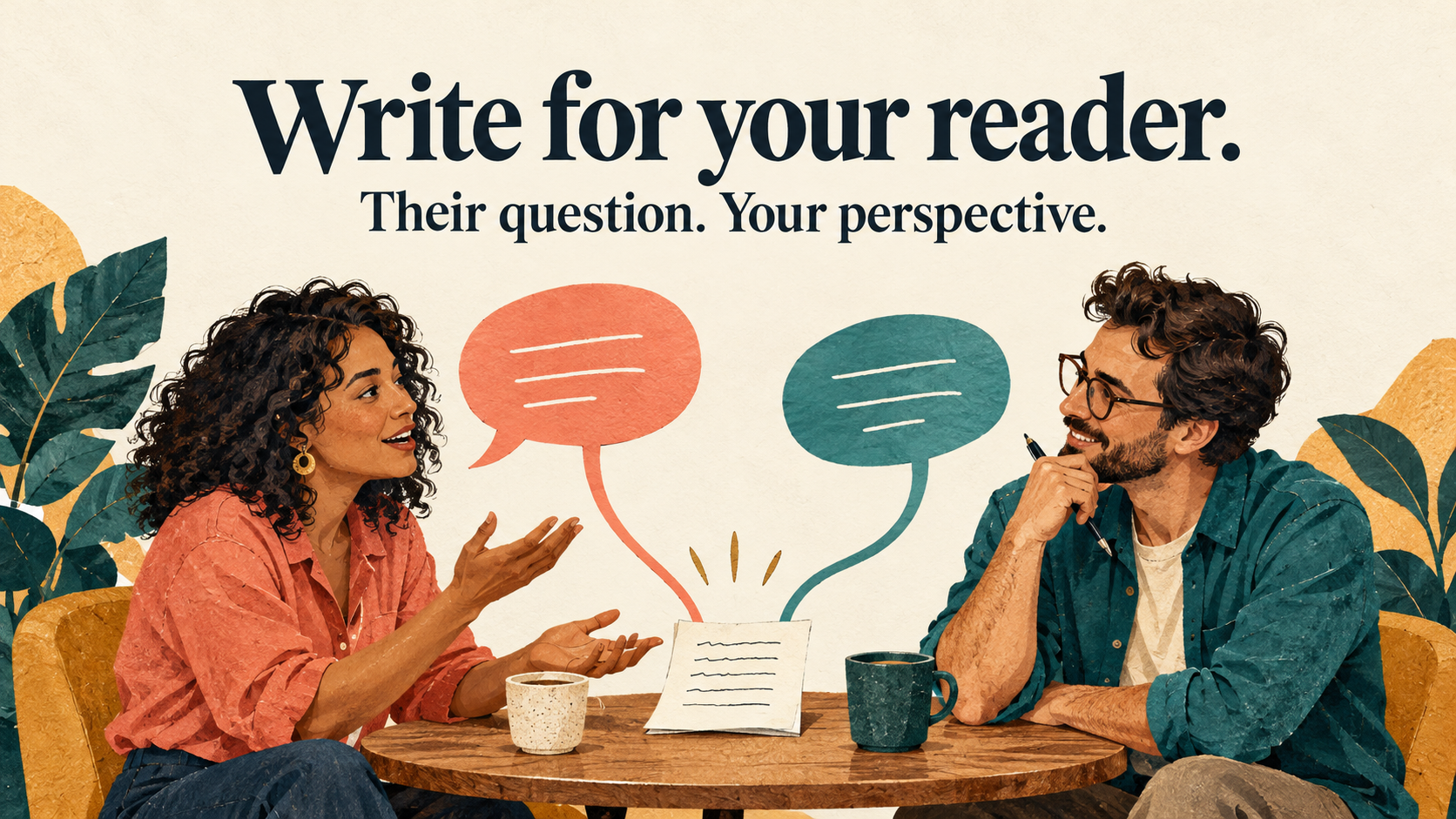 Two business owners discuss a customer's question across a table, with speech bubbles meeting over a handwritten note.