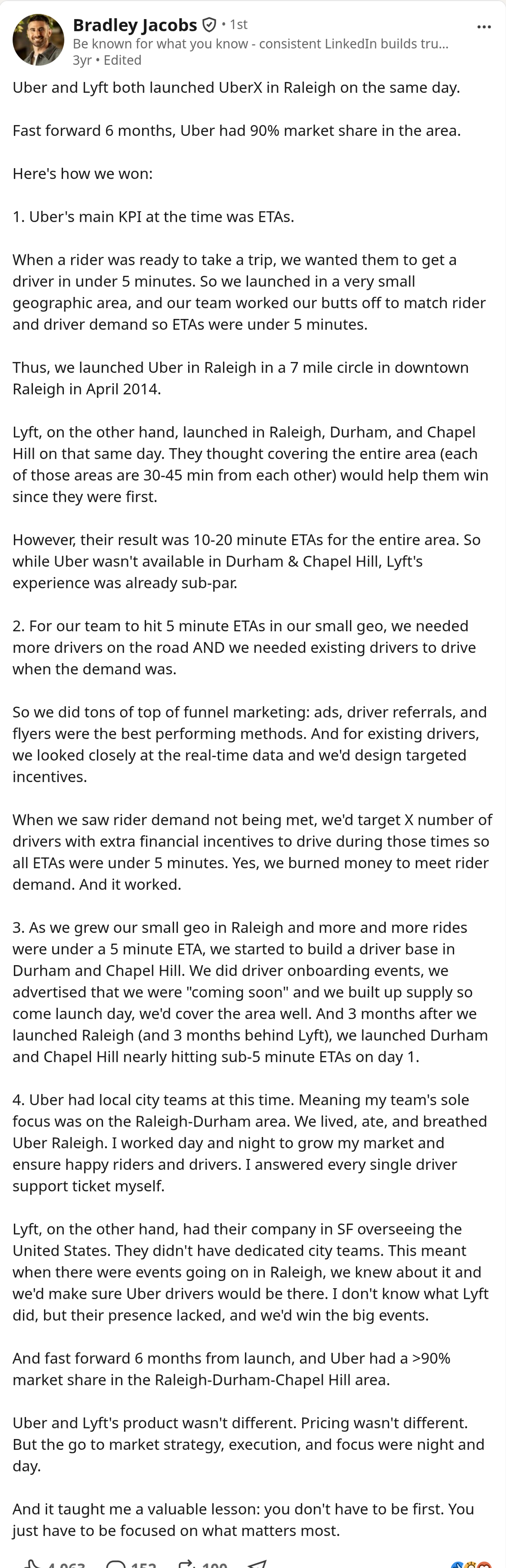 Bradley Jacobs LinkedIn post about Uber and Lyft launching in Raleigh on the same day, with 4,063 reactions, 152 comments and 100 reposts