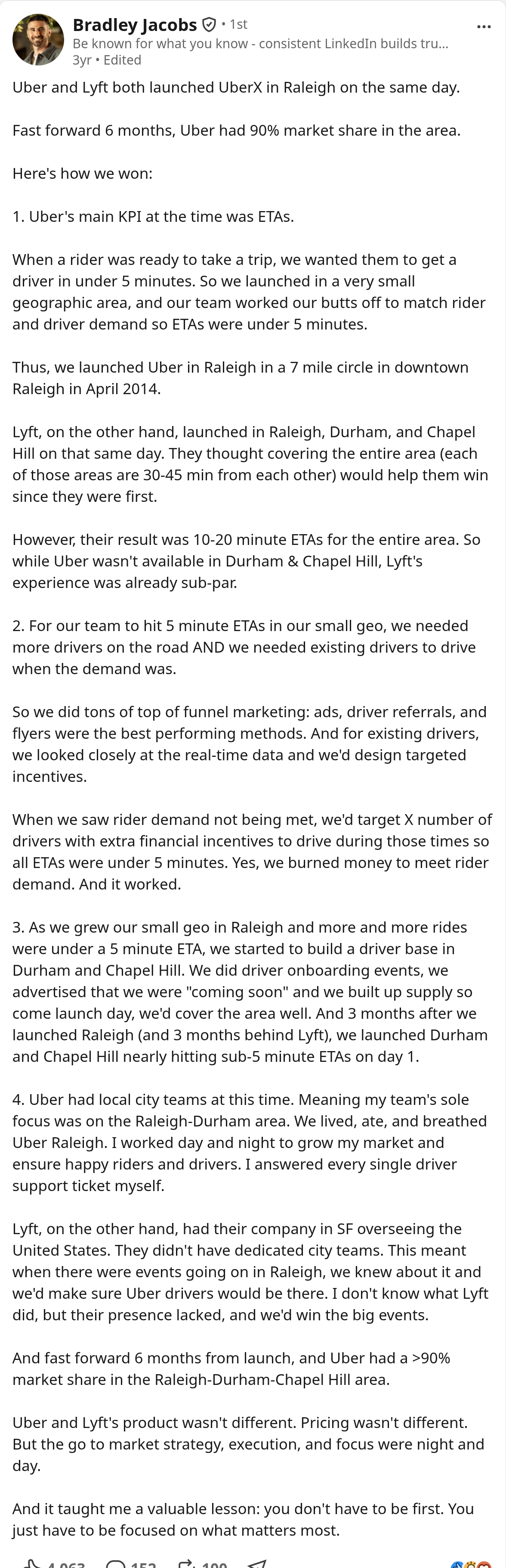 Bradley Jacobs LinkedIn post about Uber and Lyft launching in Raleigh on the same day, with 4,063 reactions, 152 comments and 100 reposts