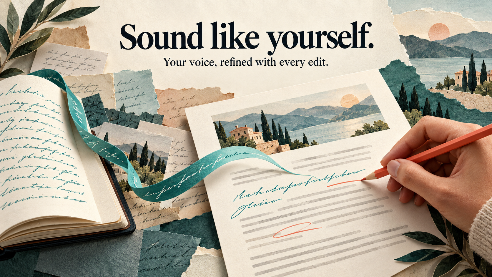 A hand edits a draft beside handwritten samples, illustrating how a writing profile is refined through specific feedback.