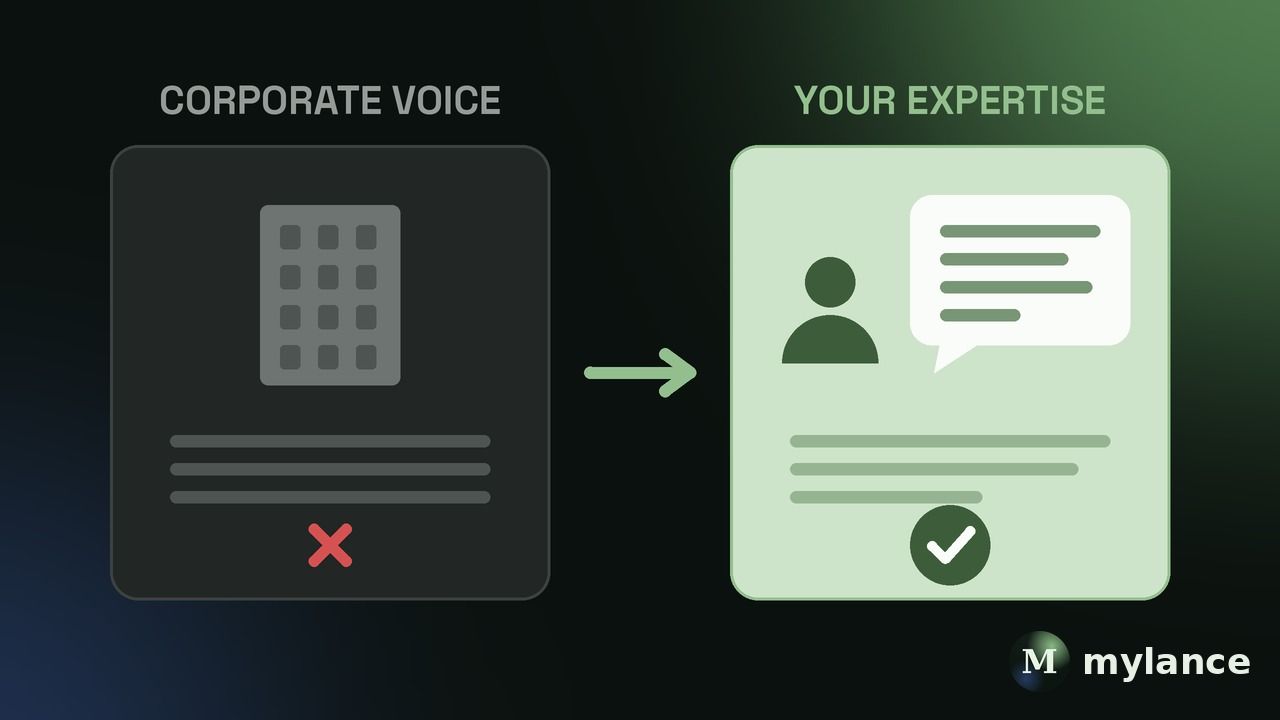Before vs after: ghostwriting that invents a polished corporate voice versus first-person posts built from the executive's own expertise.