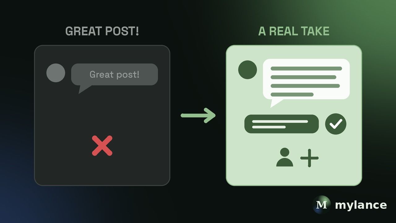 Before vs after: a generic 'Great post!' comment gets ignored, while a specific comment with a real take sparks a reply and a new connection.