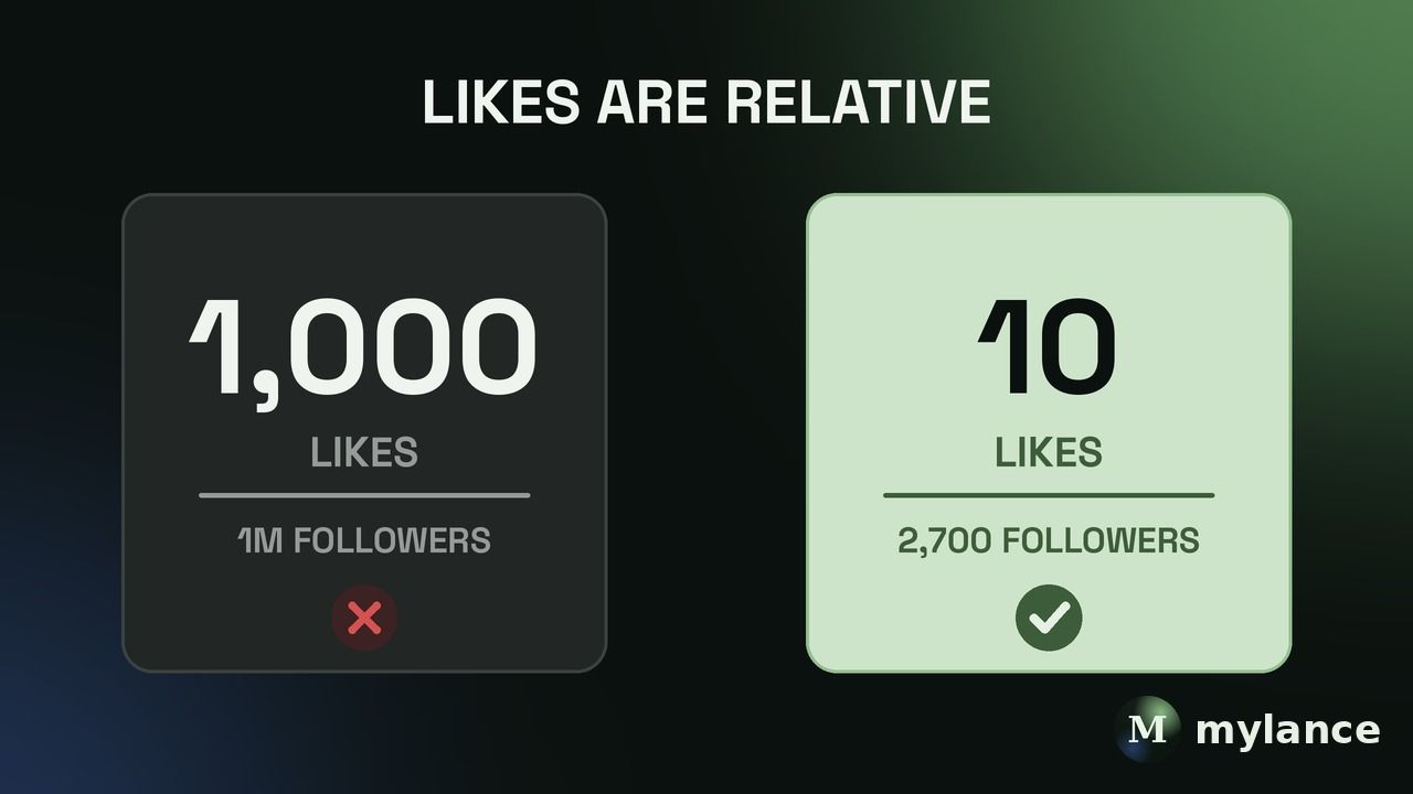 Likes are relative: 1,000 likes on 1 million followers is weak, while 10 likes on 2,700 followers is solid.