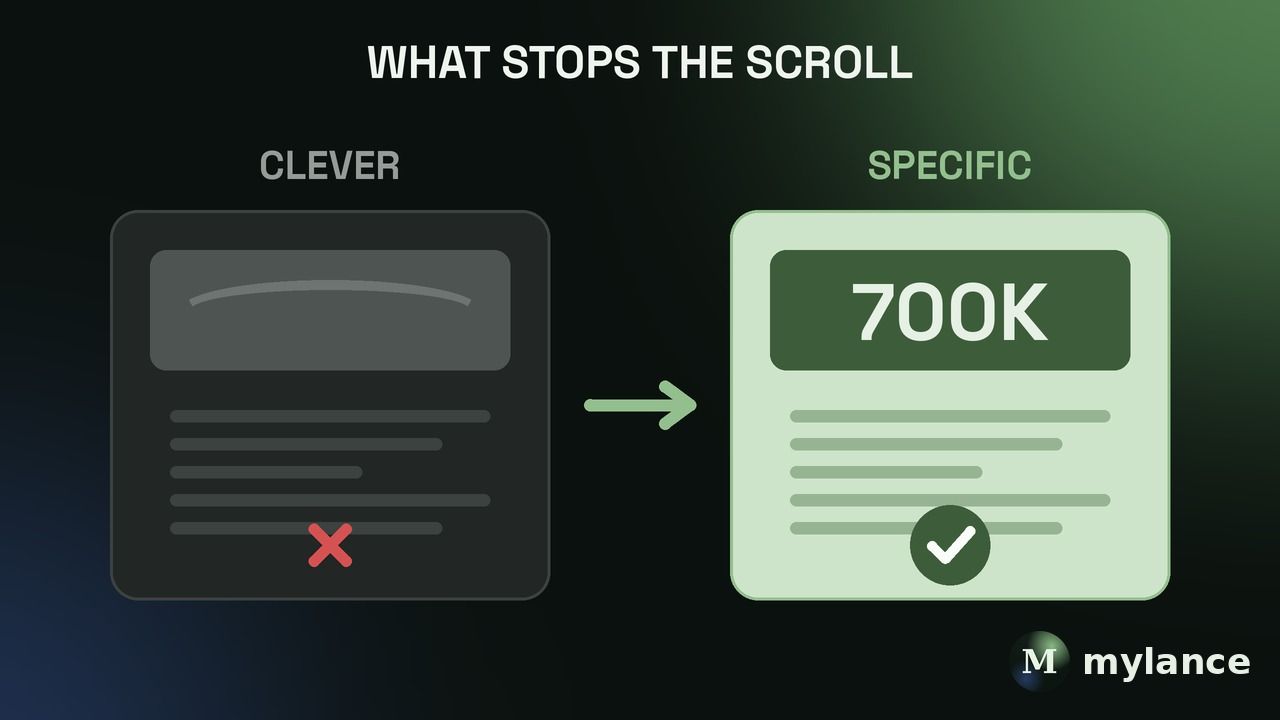 Before vs after: a vague, clever opener versus a hook that opens on a specific number like 700K, which is what stops the scroll.