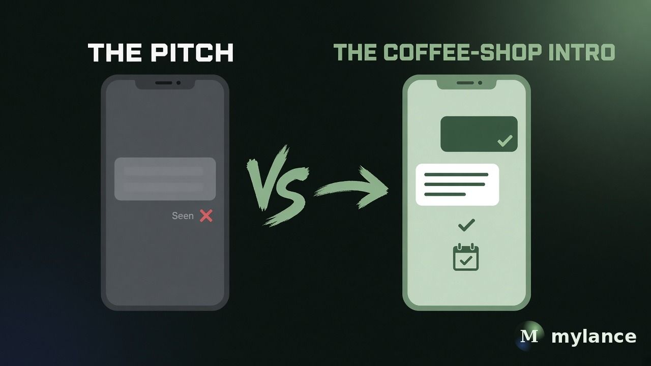 Before vs after: a pitch DM gets left on Seen, while a coffee-shop style intro DM gets a reply and a booked call.