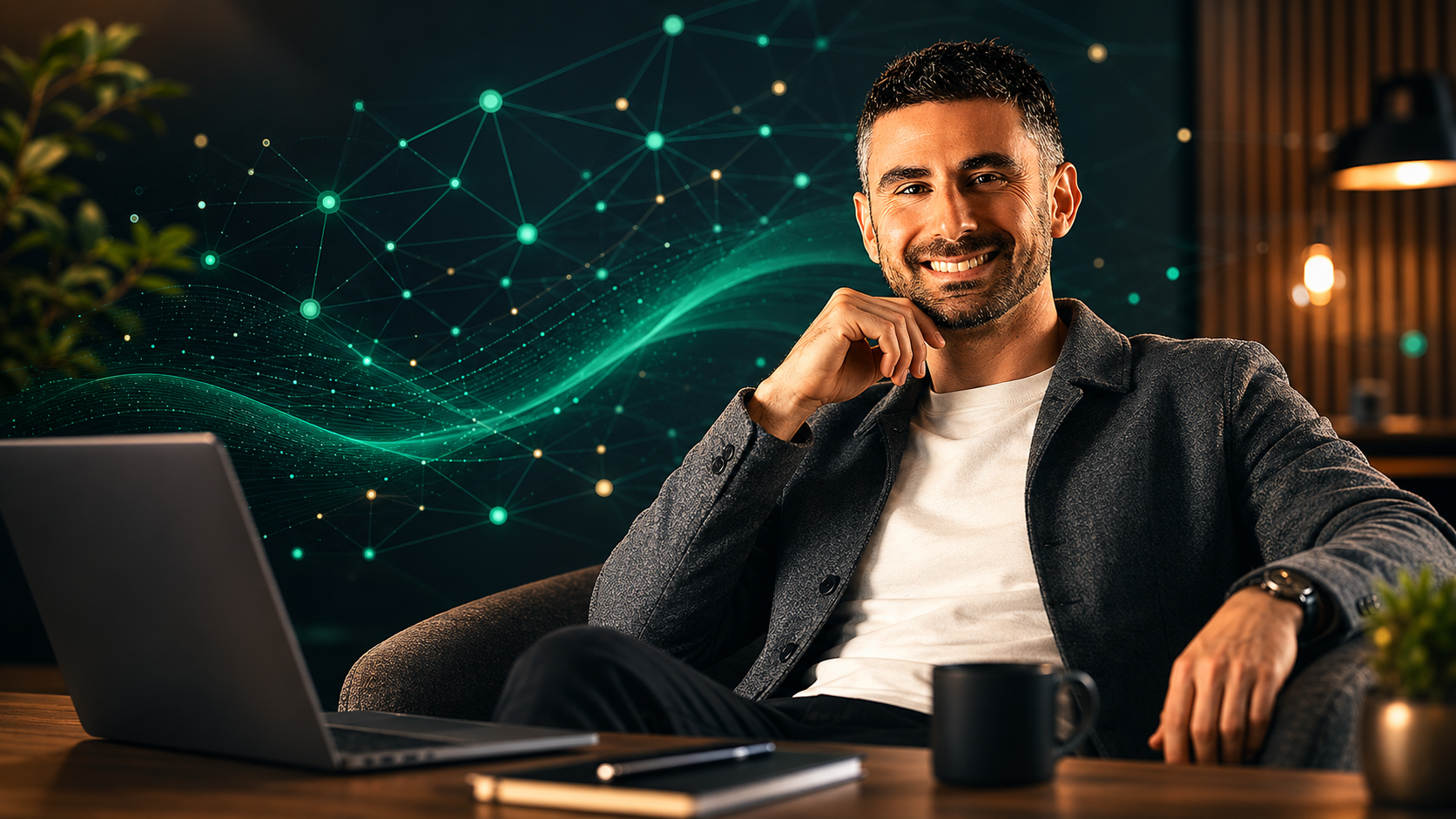 A founder working at a laptop with a glowing green network of professional connections