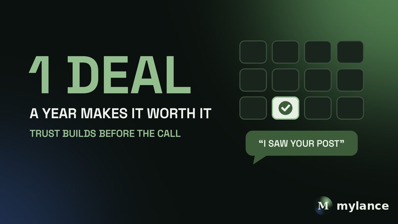 One deal a year makes it worth it: a 12 month grid with one month checked and a speech bubble saying I saw your post, showing that LinkedIn posting builds trust before the sales call.