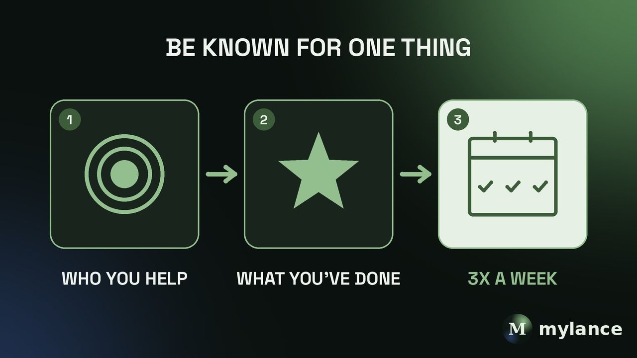 Be known for one thing: a three step graphic showing a target labeled who you help, a star labeled what you've done, and a calendar with three checks labeled 3x a week.