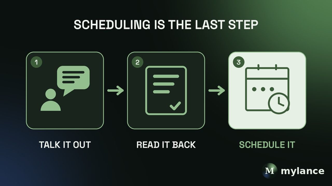 Scheduling is the last step: talk it out, read it back, then schedule it.