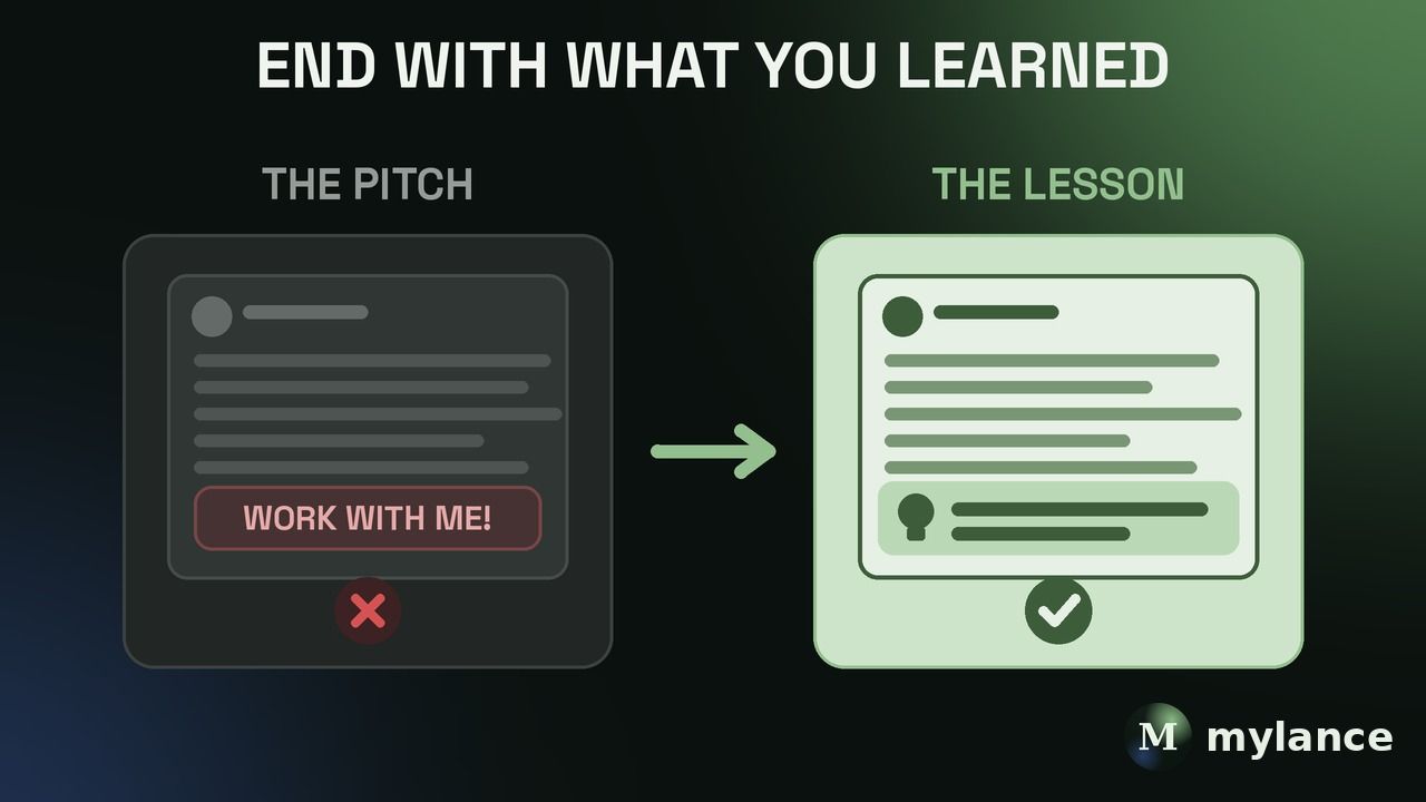 End with what you learned: before vs after showing a LinkedIn post that ends with a Work with me pitch marked with an X, next to a post that ends with a highlighted lesson line marked with a check.