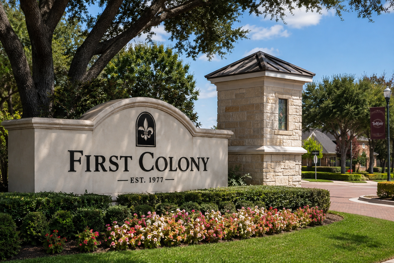 Master-planned community entrance in Sugar Land, Texas, representing HOA-governed neighborhoods like First Colony and Telfair
