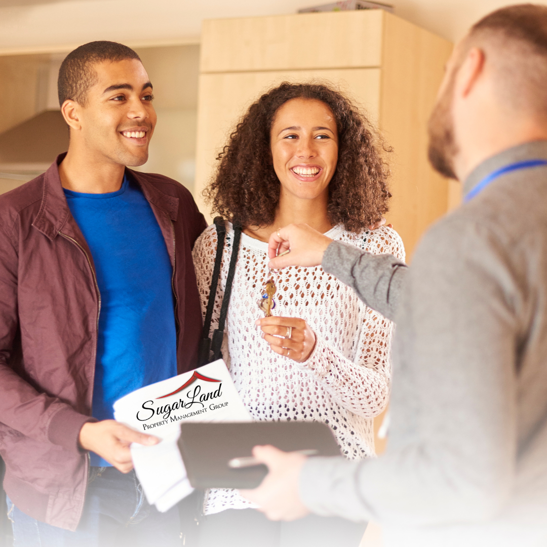 Property manager meeting with tenants during management transition in Sugar Land Texas