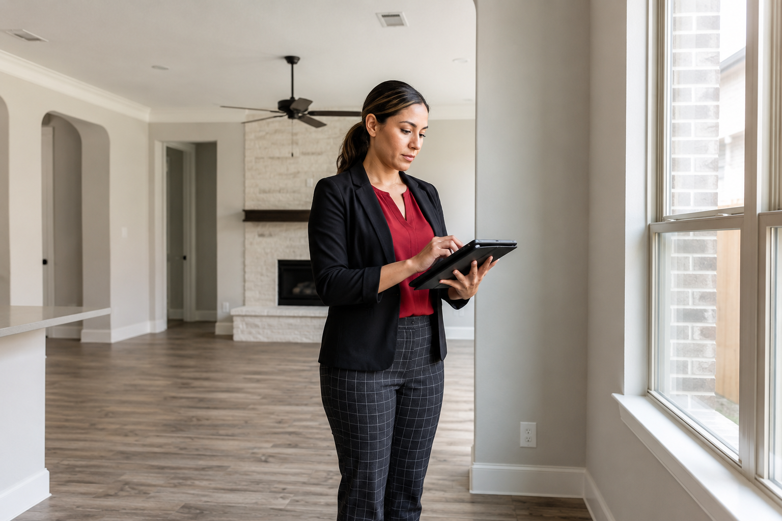 Property manager documenting the condition of a Texas rental home during a move-out inspection