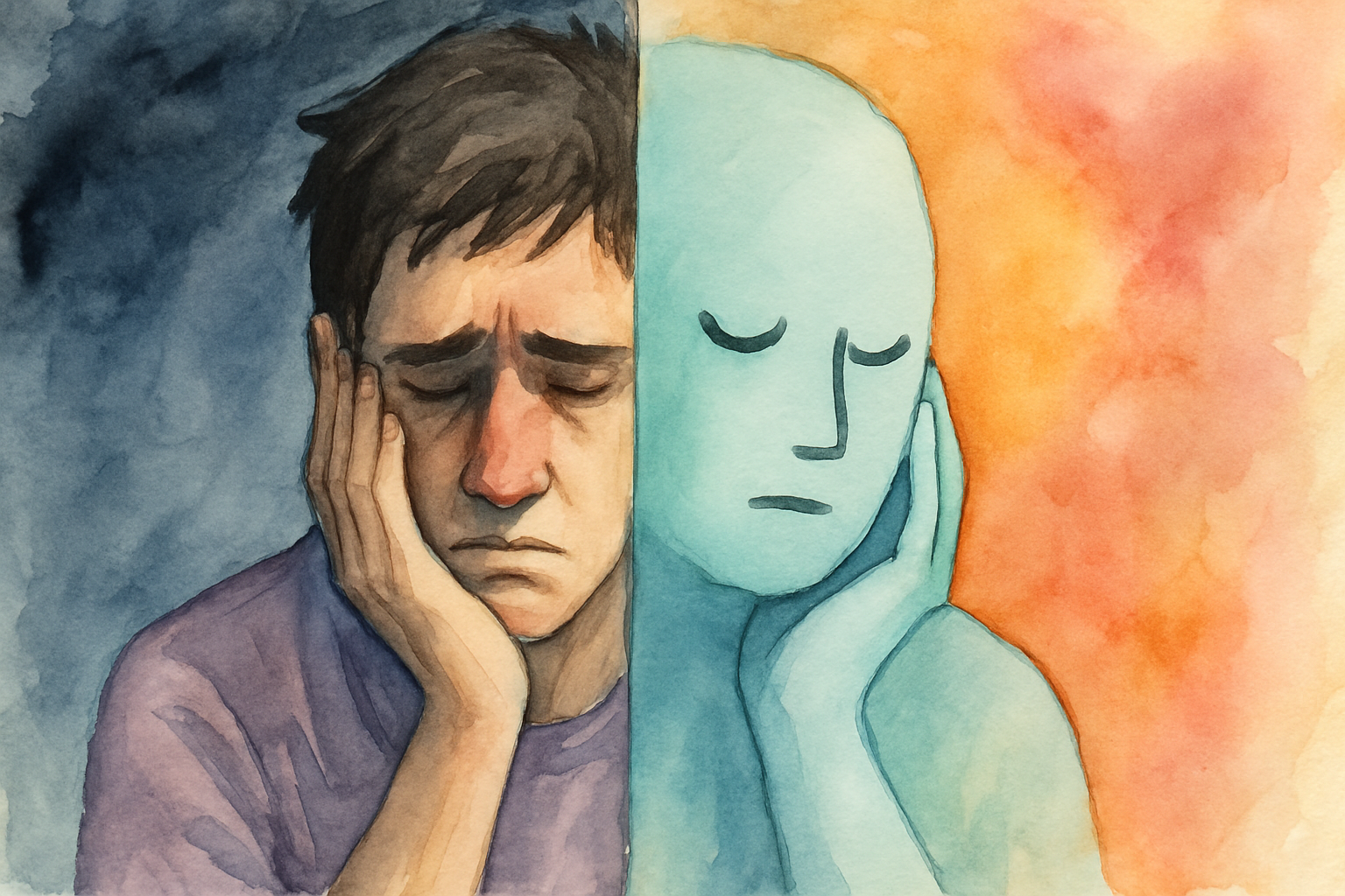 a painting of a man with a sad face and a blue face with closed eyes