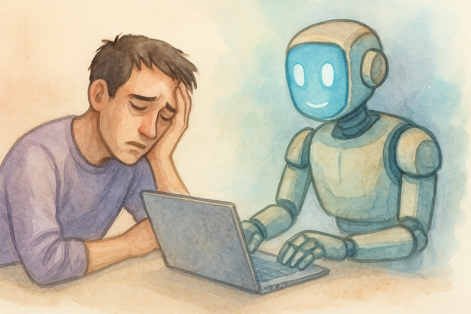 a drawing of a man and a robot looking at a laptop