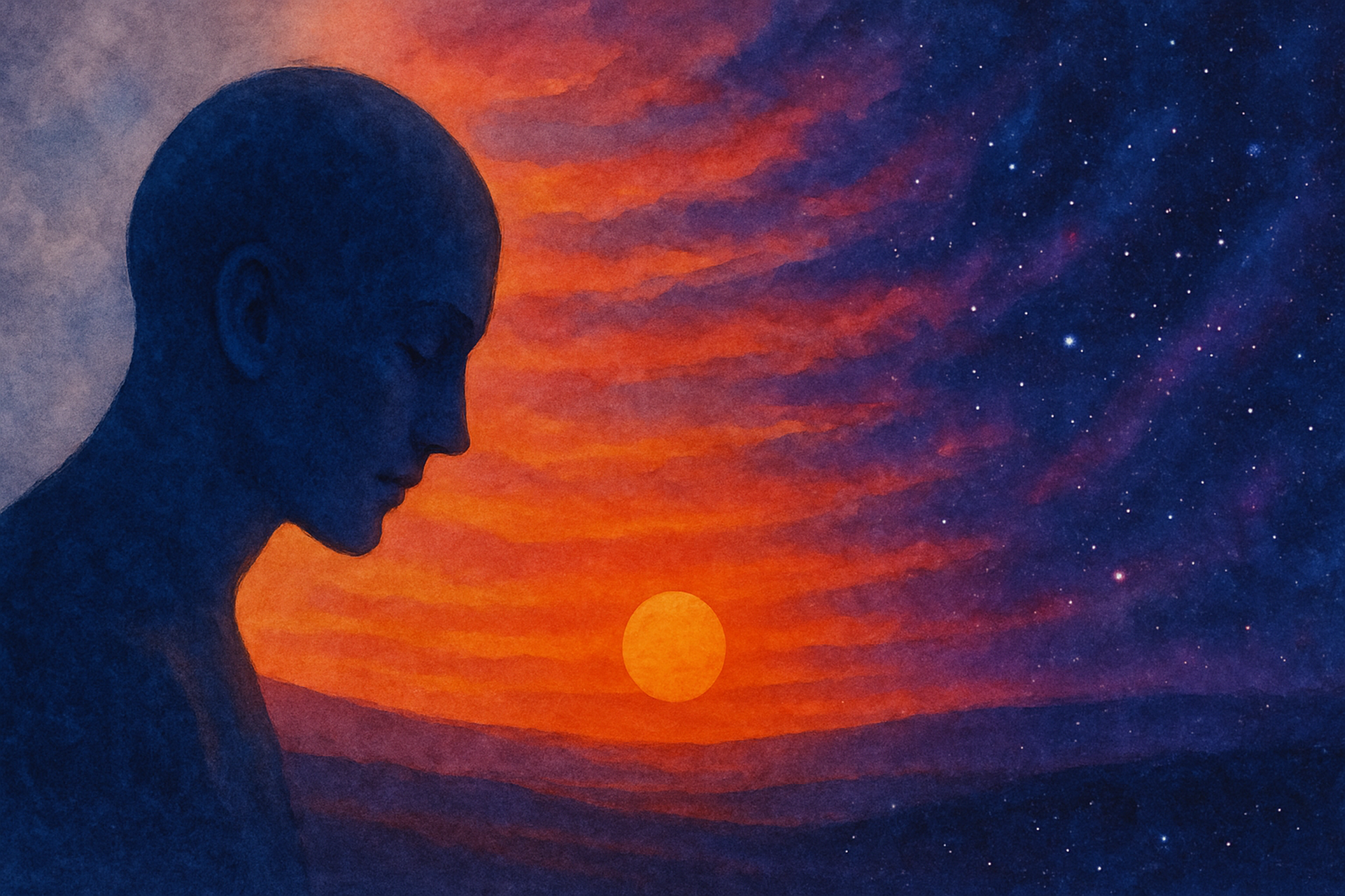 a painting of a man with his eyes closed in front of a sunset
