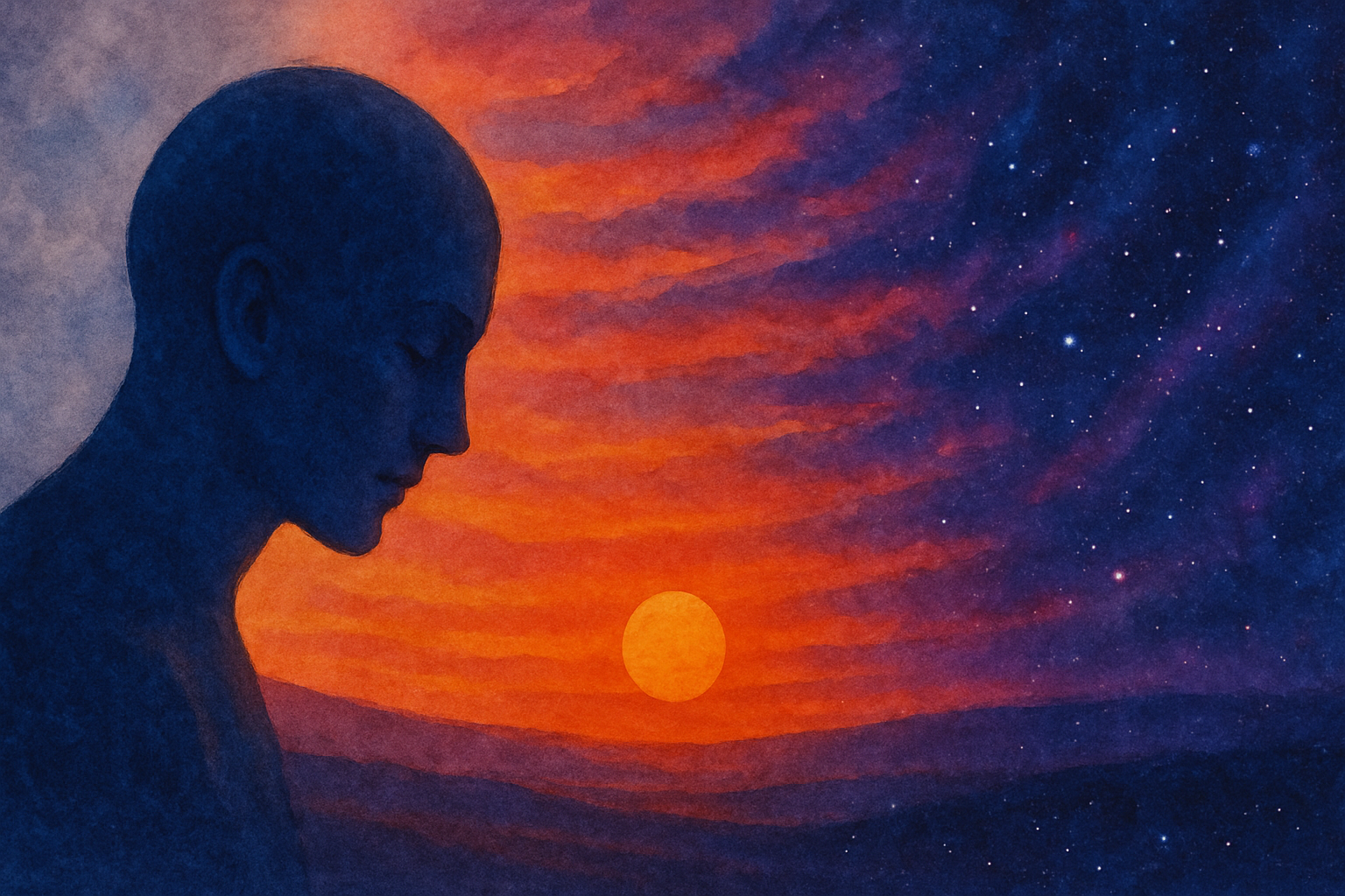 a painting of a man with his eyes closed in front of a sunset