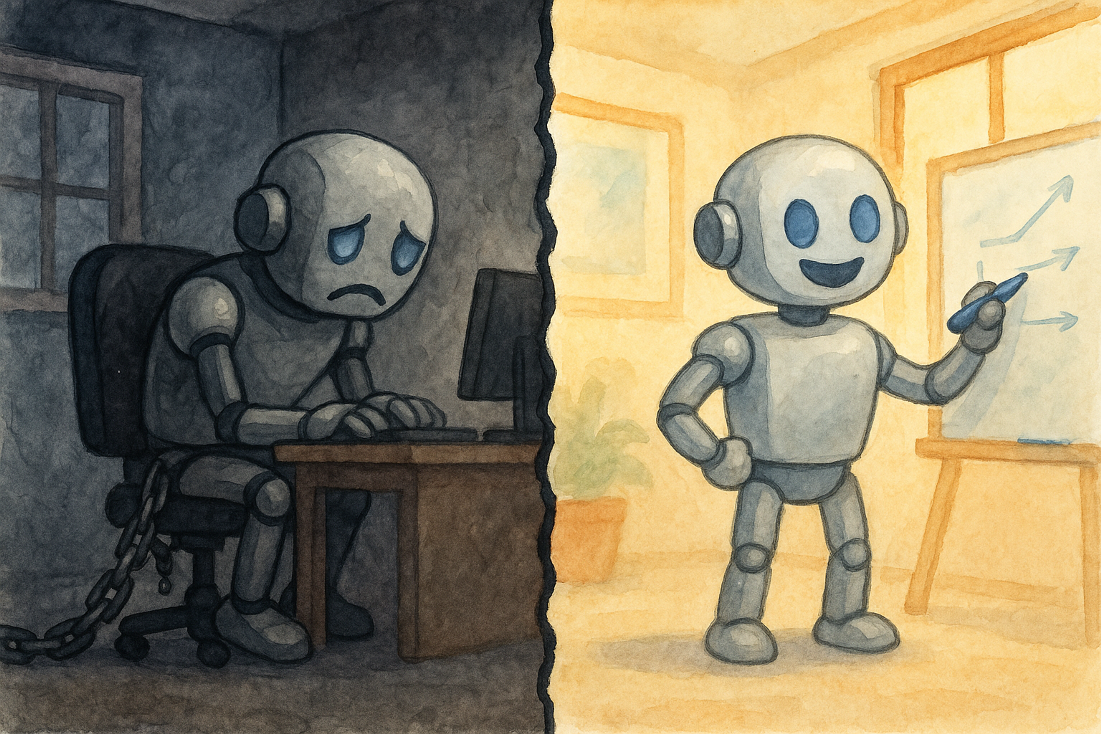 two robots working, one sad, one happy
