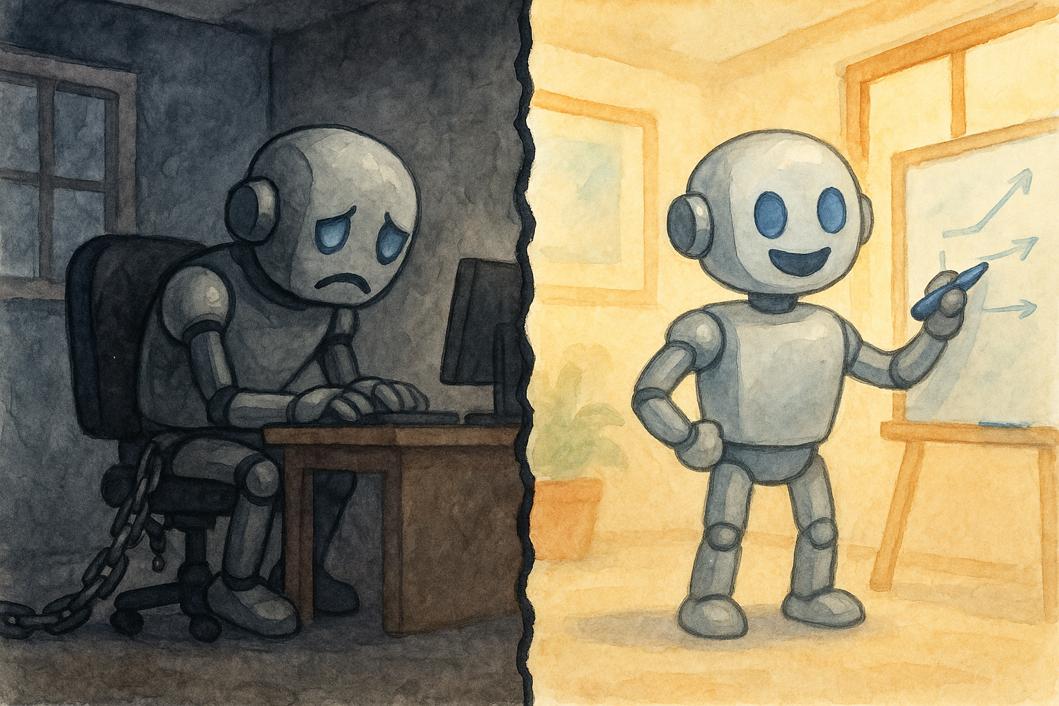 two robots working, one sad, one happy