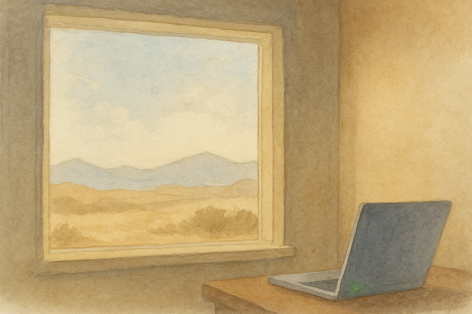 a painting of a window and a laptop on a table