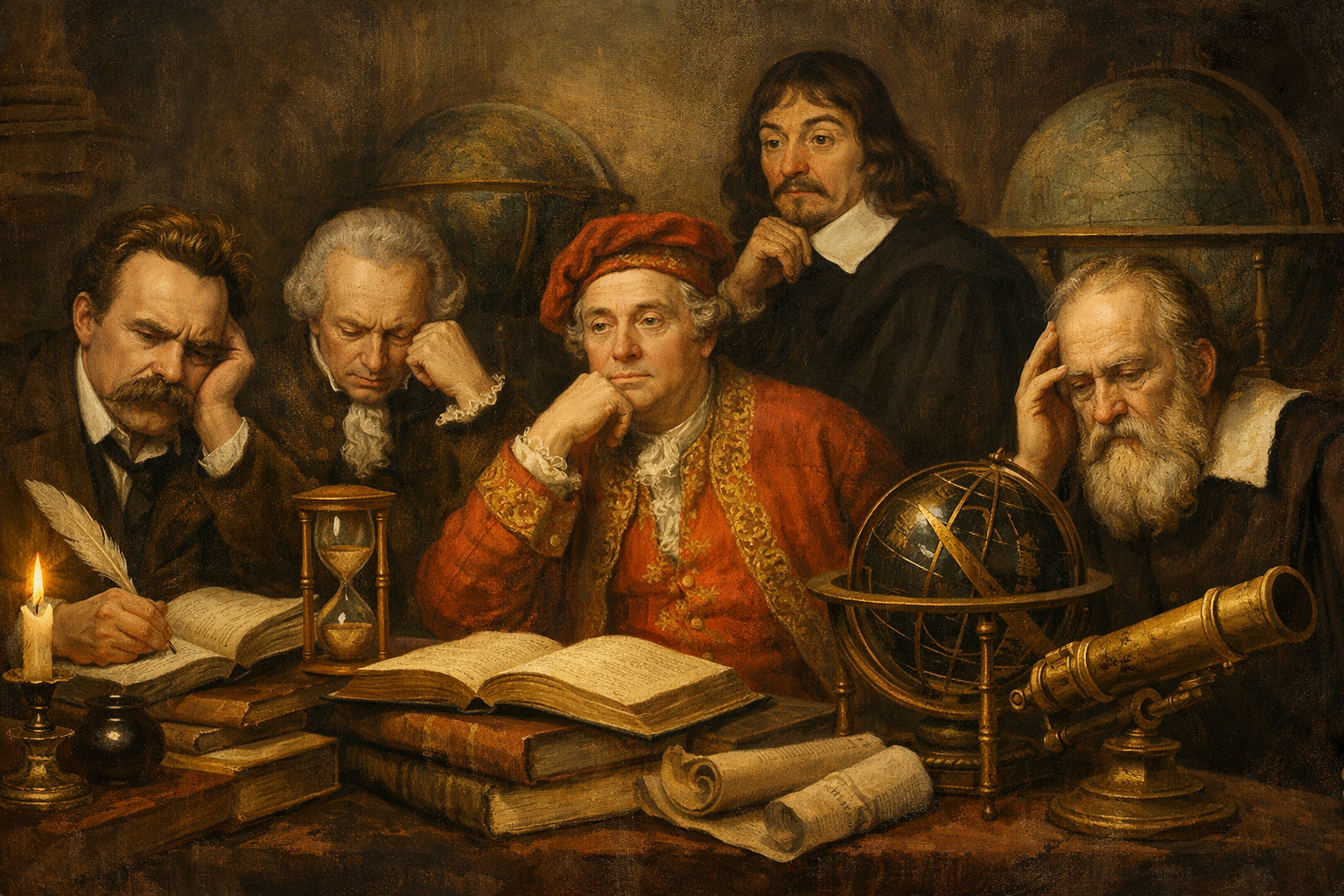 great philosophers like Nietzsche, Kant, Hume, Rene Descartes, Copernicus and Galileo thinking