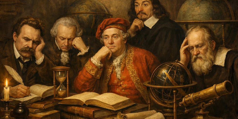 great philosophers like Nietzsche, Kant, Hume, Rene Descartes, Copernicus and Galileo thinking